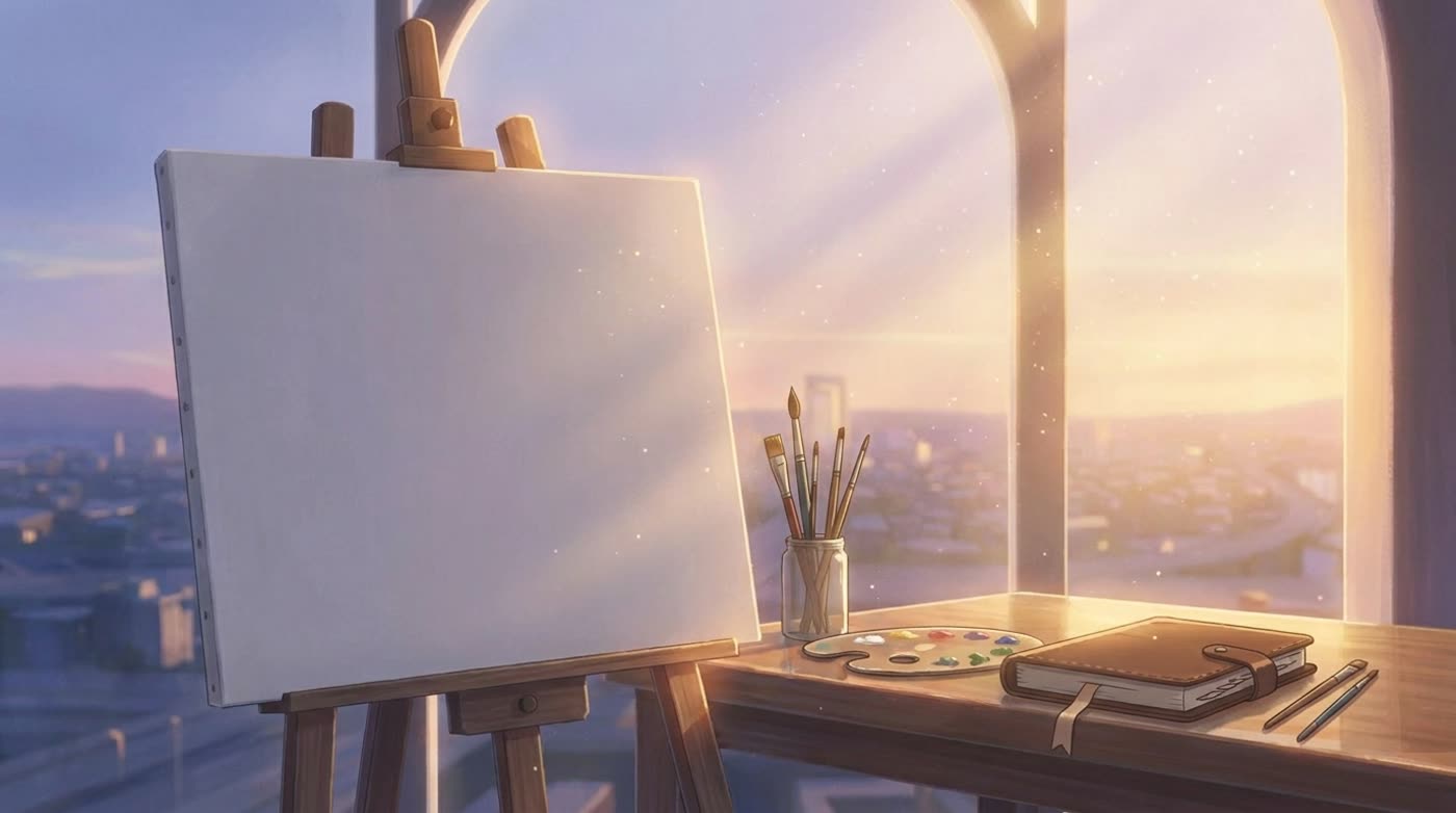 Watercolor of a blank canvas by a window, brushes and paints, a techo resting nearby