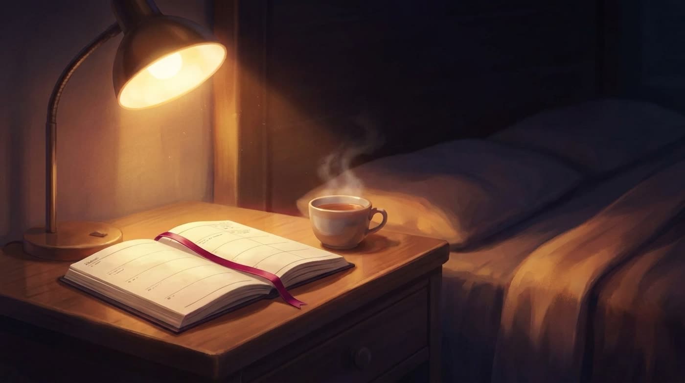 Watercolor of an open techo under a warm lamp at night, a cup of tea beside it
