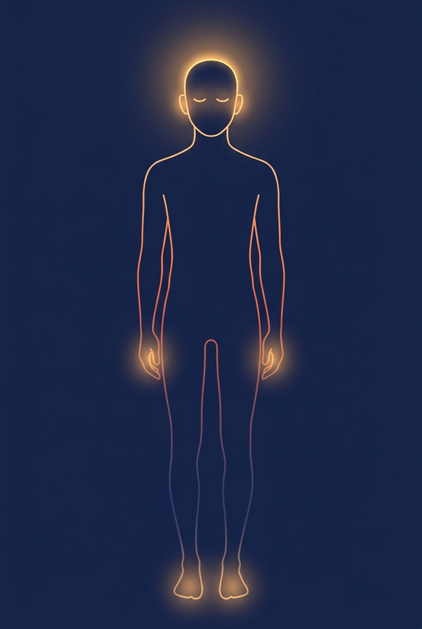 Line-art figure of Shiori: a glowing crown for the mind; glowing eyes, ears, hands and feet for the body