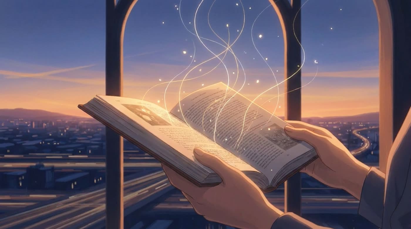 Hands holding an open book by a dawn window, threads of light rising softly from the pages