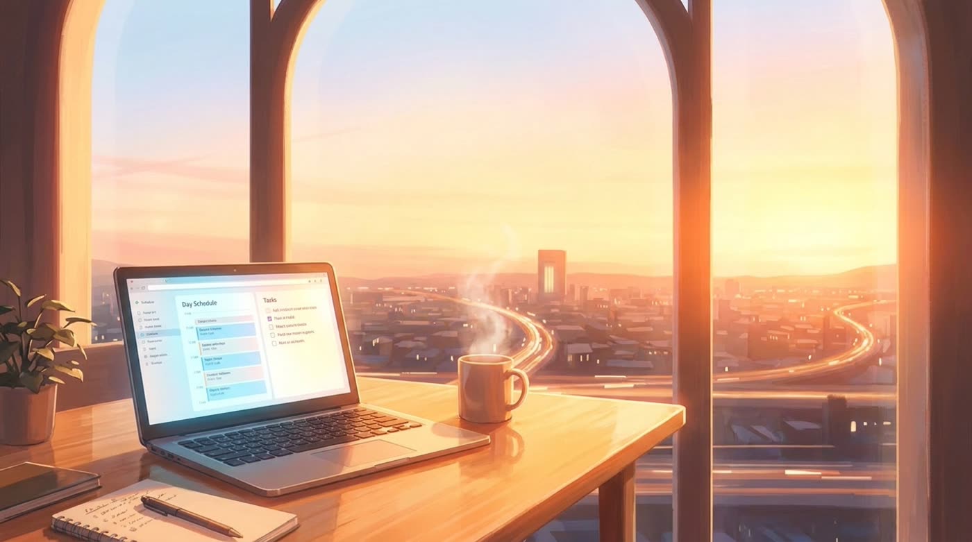A sunlit morning desk where a laptop glows softly with the day's plan, a steaming mug beside it