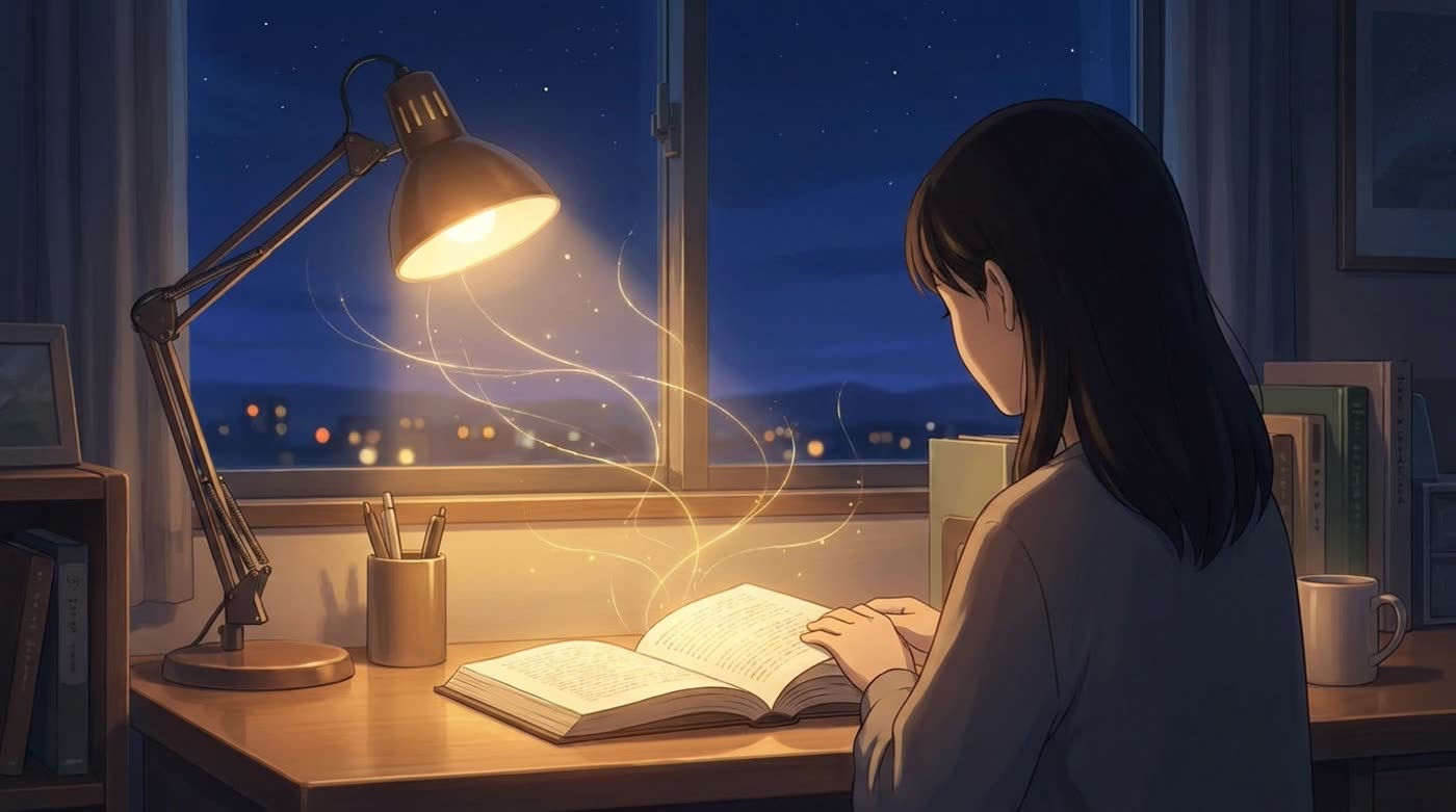 A lamp-lit desk at night, golden threads rising gently from an open book