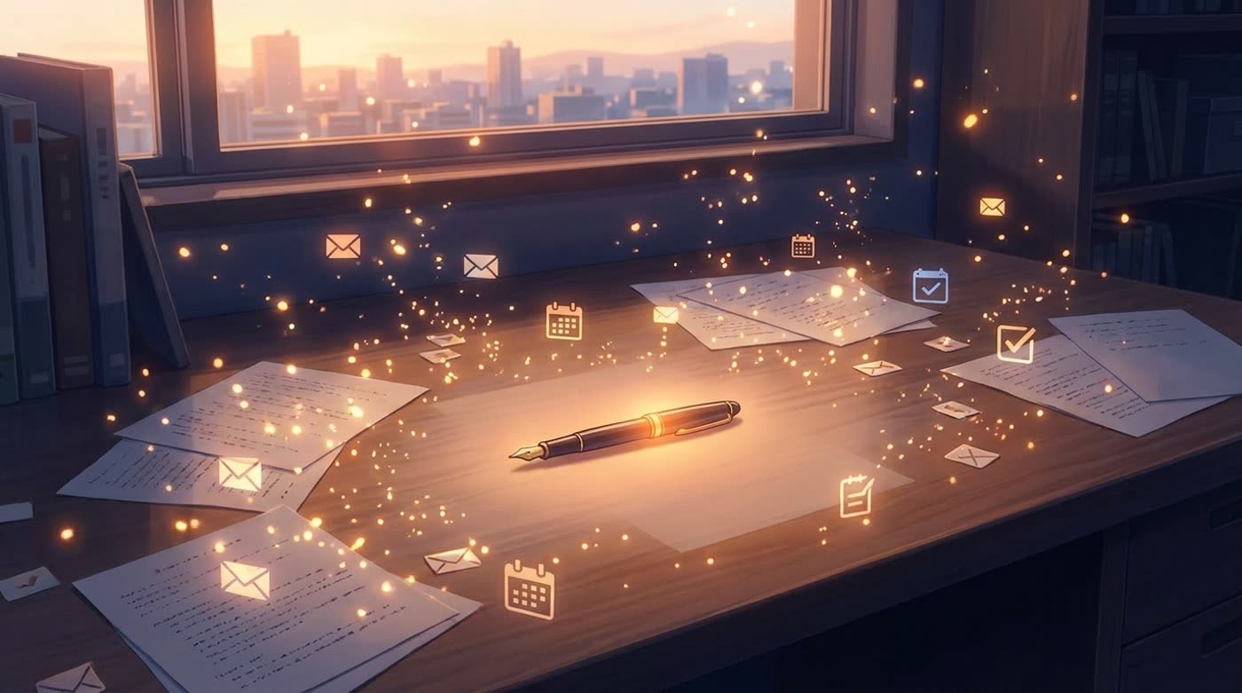 At a dawn desk, scattered little chores dissolve into motes of light, leaving a single fountain pen resting at the center