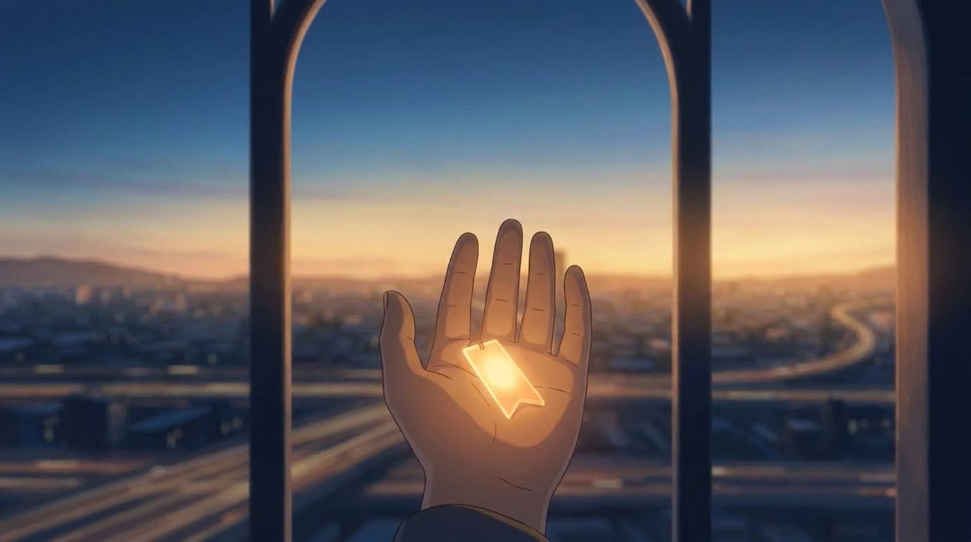 At a dawn window, a small warm bookmark-shaped light rests gently on an open palm