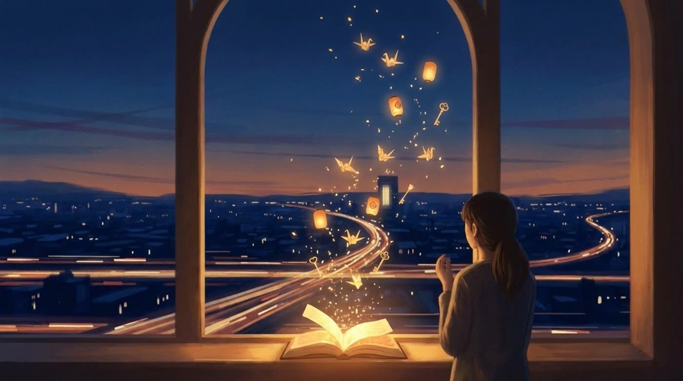 By a dusk window, someone watches lanterns, origami cranes and keys rise from an open book as golden motes of light