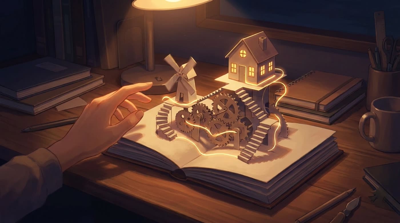 On a lamp-lit desk at night, a tiny paper-craft world of gears, a windmill and a small house assembles itself from an open book like a pop-up, edged in golden light