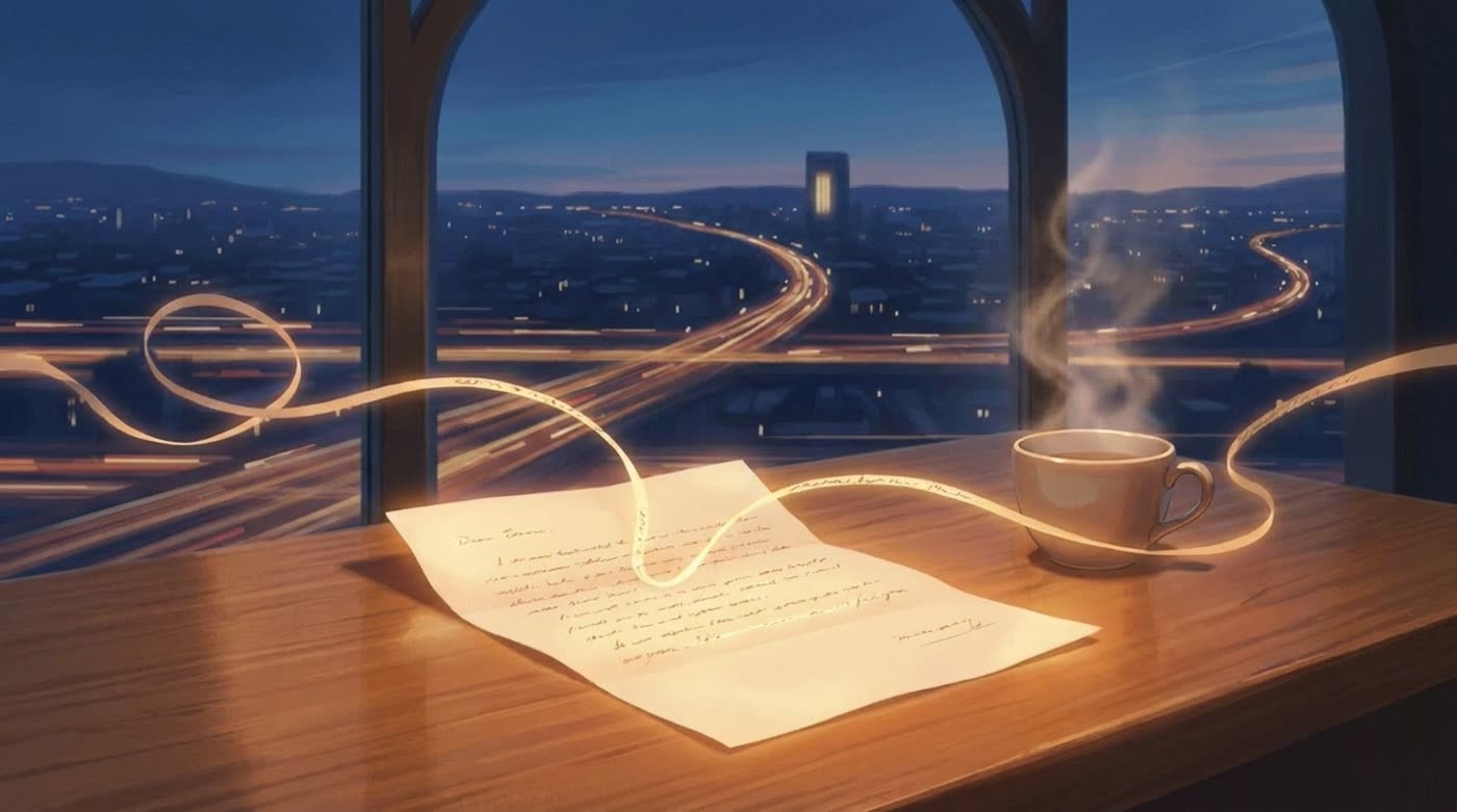 On a dawn-lit desk, lines of handwriting form themselves on letter paper out of ribbons of warm light