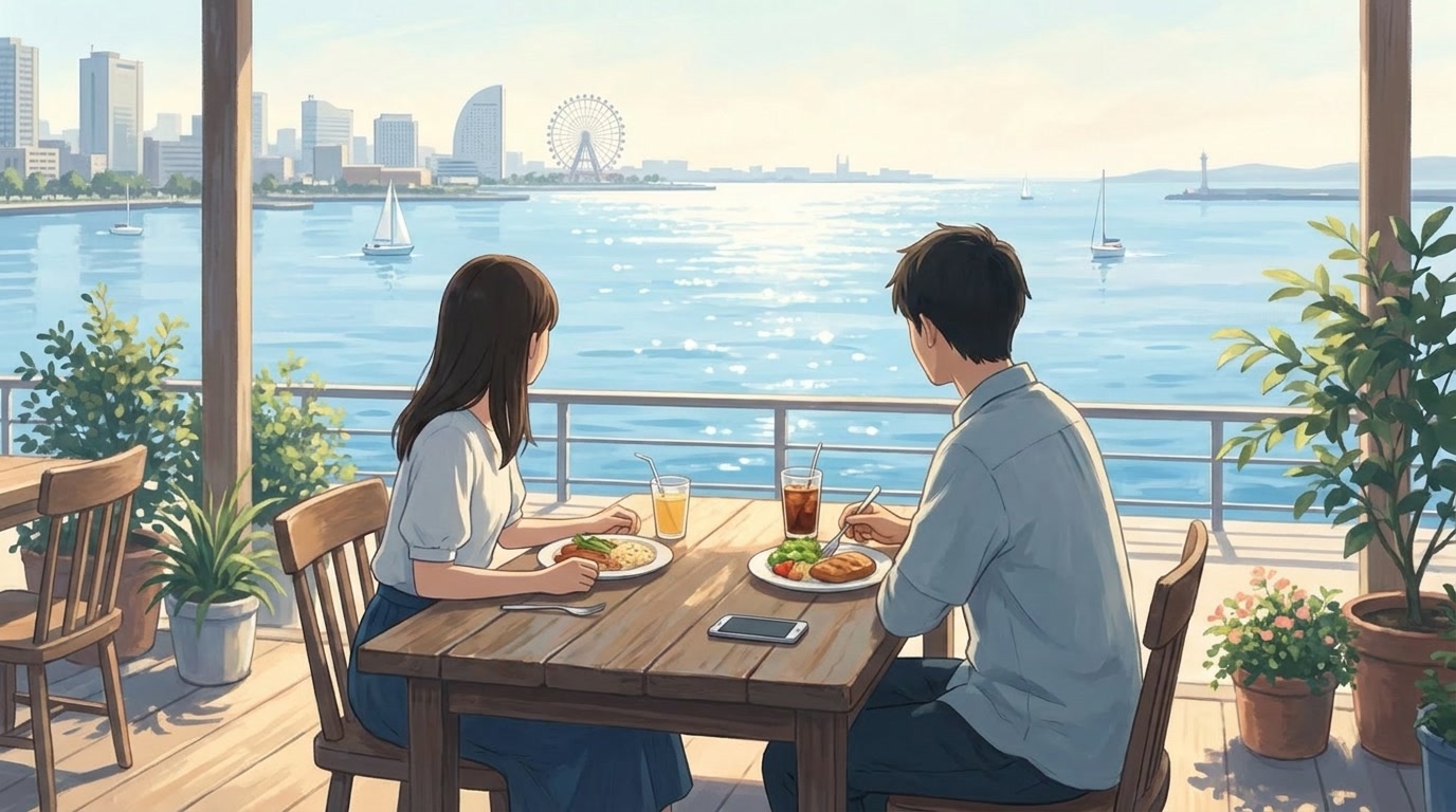 Two people seen from behind at a terrace table, looking out over the harbor during lunch, a smartphone resting quietly on the table